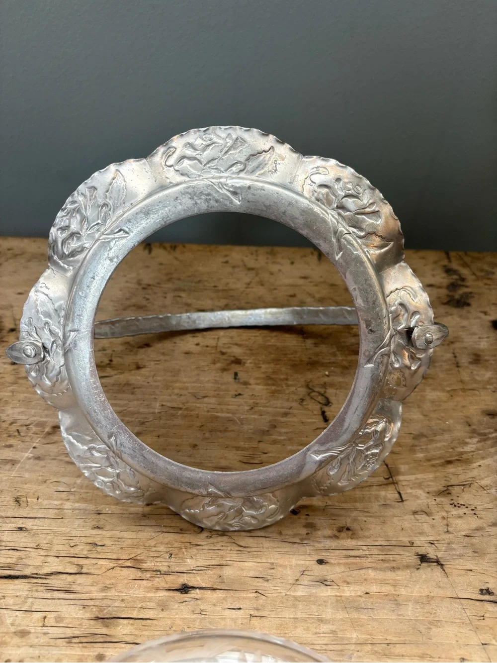 Vintage Hand Wrought Aluminum Handled Basket w/ Clear Etched Glass Covered Dish